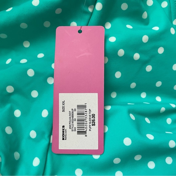Polka Dot Swimsuit Puff Sleeve Top, Turquoise & White - Picture 5 of 6